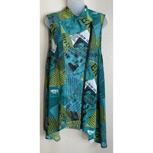 Feratelli Womens S Teal Green Newspaper Print Asymmetric Zip Sleeveless Top Art